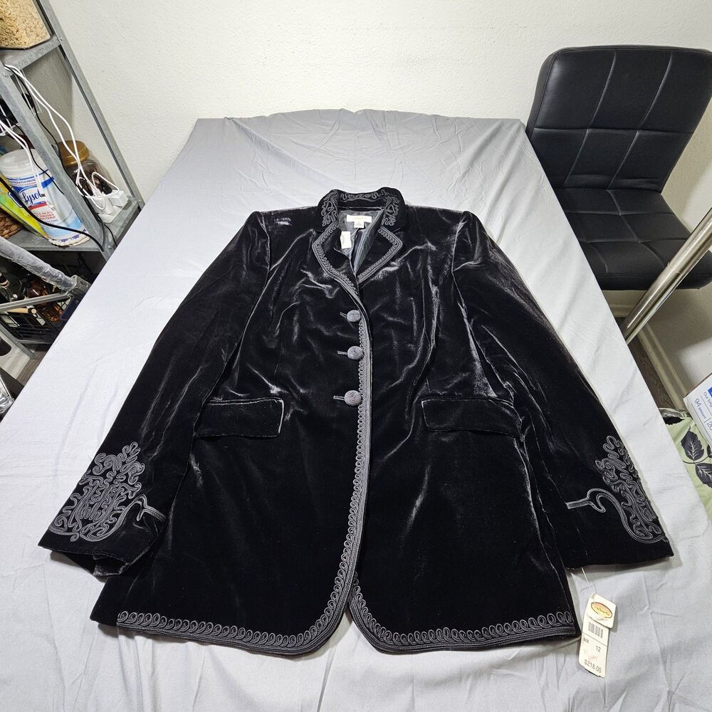 NWT VTG 90s Talbots Black Velvet Embroidered Blazer Jacket 12 Whimsigoth Goth